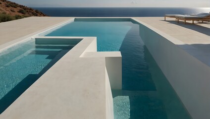 A serene expanse of solid white, a solitary swimming pool gleams invitingly, its azure depths contrasting sharply against the pristine backdrop ai_generated