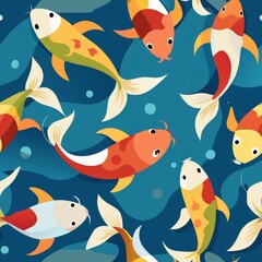 Seamless pattern of colorful koi fish swimming gracefully in a tranquil pond, symbolizing luck and prosperity in Eastern culture, Generative AI