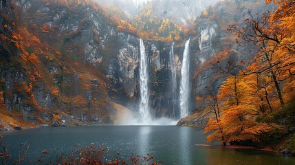 thunderous waterfall views of a serene lake surrounded by trees, with a brown and orange tree on the left, a white waterfall in the center, and an orange tree on the right