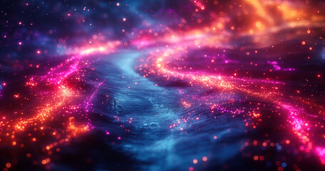 Fototapeta premium A dark path surrounded with colorful bioluminescent lights