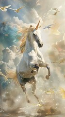 Galloping Unicorn Soars Through Magical Sky in Watercolor