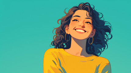 A woman with curly hair is smiling and wearing a yellow shirt