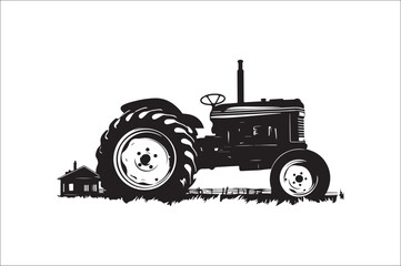 Tractor Silhouette illustration vector with black Classic old tractor on white background.