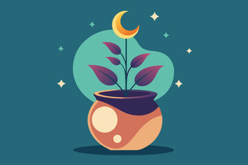 Moon flowers in pots Vector illustration on white background, silhouette, bird, icon, svg, characters, Holiday t shirt, Hand drawn trendy Vector illustration, Rose flower