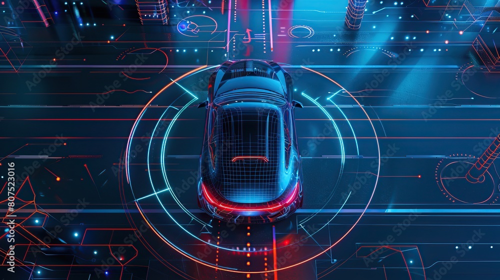 Poster autonomous smart car will scan the road for hazards. iot concept in autonomous self-driving mode wit
