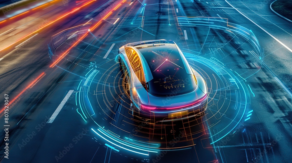Poster autonomous smart car will scan the road for hazards. iot concept in autonomous self-driving mode wit
