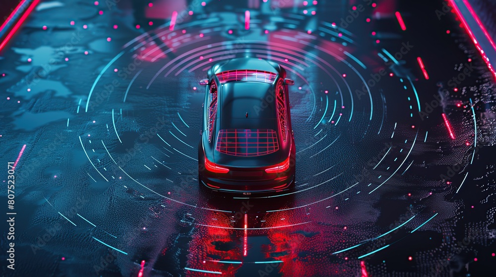 Poster autonomous smart car will scan the road for hazards. iot concept in autonomous self-driving mode wit