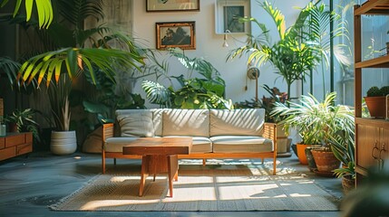urban oasis retreats featuring a cozy living room with a white couch, wood table, and brown rug, surrounded by lush greenery including potted plants and a brown and orange pot