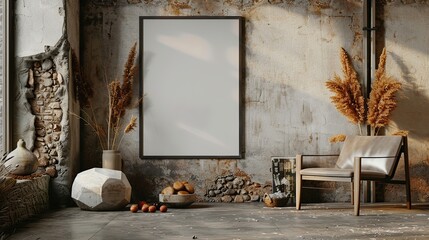 Mockup poster empty Blank Frame, hanging on an avant-garde background with stones, dry fruits, and elegant furnishings, above a sophisticated modern display room. copy space for text.