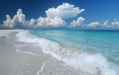 A serene white beach with blue waves crashing gently