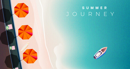 Summer poster, banner, holiday cover, card. Modern summer design with landscape, beach, sand, surf, sea waves, yacht and typography. Summer holidays, vacation, travel vector illustration. 