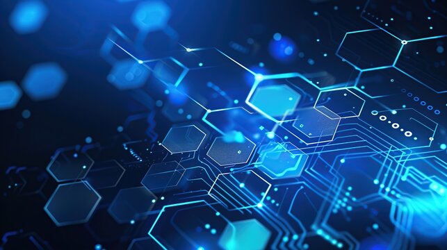 Modern abstract blue background with glowing geometric lines. Blue gradient hexagon shape design. Futuristic technology concept. Suit for banner, brochure, science.