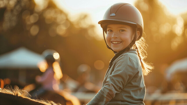 A happy girl child in an equestrian helmet is smiling and riding a horse at an outdoor horse yard, with other kids playing sports on ponies during a tournament.