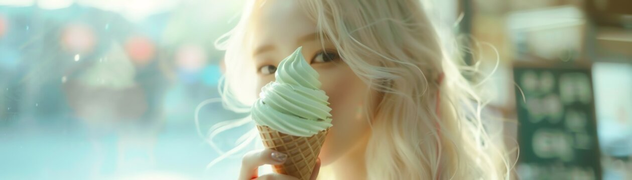 ulzzang female, charming, white long hair, with a matcha soft serve cone, backlighting, Polaroid film style, gentle and pastel ambiance
