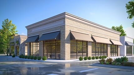 Newly constructed retail and business building with awning, currently offering space for purchase or rental in a combined storefront and office setting. copy space for text.