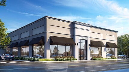 Newly constructed retail and business building with awning, currently offering space for purchase or rental in a combined storefront and office setting. copy space for text.