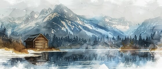 A Wooden Cabin Embraced by a Tranquil River, Encircled by Towering Snow-Covered Mountains, Depicted in an Artful Painting Style with Textured Brushstrokes