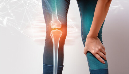 Close up leg painful knee with X-ray Knee bone double exposure on white background 