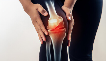 Close up leg painful knee with X-ray Knee bone double exposure on white background 