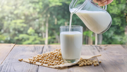 Pouring soy milk in a glass with soy beans on wooden table