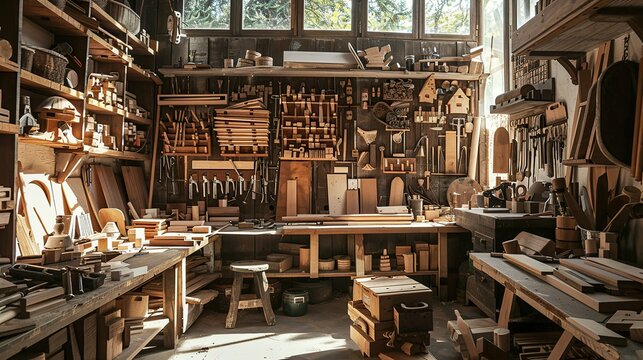 The carpenter workshop was filled with creative woodcraft equipment. copy space for text.