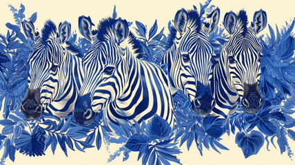 A blue and white zebra painting with four zebras in a row