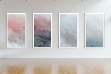 Four vertical mock up posters on white wall