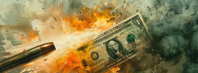 Bullets explode on top of dollar bills