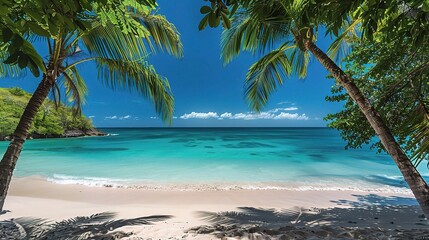 A tropical travel background with lush palm trees and exotic foliage framing a pristine beach