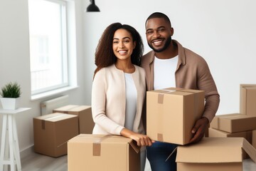 A young African American couple moves into a new home. Moving. They rejoice and plan to unpack their things together after delivery. - Powered by Adobe