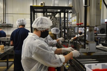 workers in hairnets and uniforms operating food processing plant