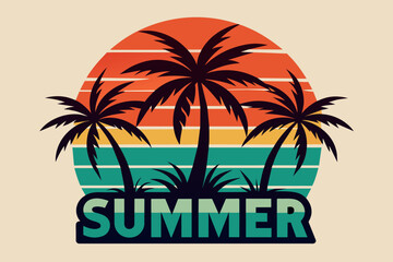 Summer day T-Shirt Design, Beach with palms tree and Summer sunset Vector illustration on white background, silhouette, bird, icon, svg, characters, Holiday t shirt, Hand drawn trendy Vector illustrat
