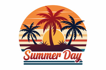 Obraz premium Summer day T-Shirt Design, Beach with palms tree and Summer sunset Vector illustration on white background, silhouette, bird, icon, svg, characters, Holiday t shirt, Hand drawn trendy Vector illustrat