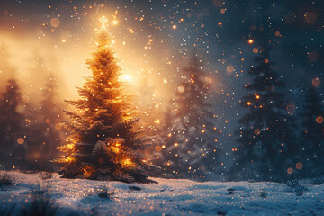 A beautiful Christmas tree in the center of an outdoor park, surrounded by trees and street lamps with lights shining on it. Snowflakes fall from above. Created with Ai