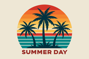 Summer day T-Shirt Design, Beach with palms tree and Summer sunset Vector illustration on white background, silhouette, bird, icon, svg, characters, Holiday t shirt, Hand drawn trendy Vector illustrat