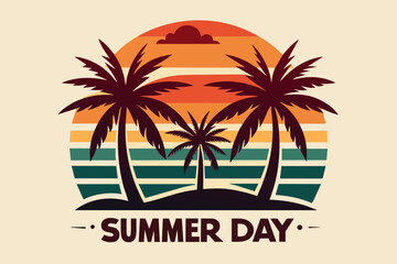 Summer day T-Shirt Design, Beach with palms tree and Summer sunset Vector illustration on white background, silhouette, bird, icon, svg, characters, Holiday t shirt, Hand drawn trendy Vector illustrat