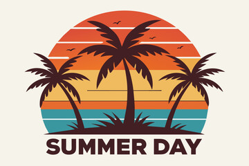 Summer day T-Shirt Design, Beach with palms tree and Summer sunset Vector illustration on white background, silhouette, bird, icon, svg, characters, Holiday t shirt, Hand drawn trendy Vector illustrat