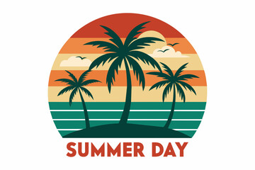 Summer day T-Shirt Design, Beach with palms tree and Summer sunset Vector illustration on white background, silhouette, bird, icon, svg, characters, Holiday t shirt, Hand drawn trendy Vector illustrat