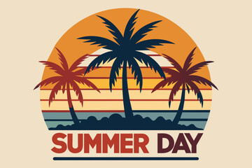 Summer day T-Shirt Design, Beach with palms tree and Summer sunset Vector illustration on white background, silhouette, bird, icon, svg, characters, Holiday t shirt, Hand drawn trendy Vector illustrat