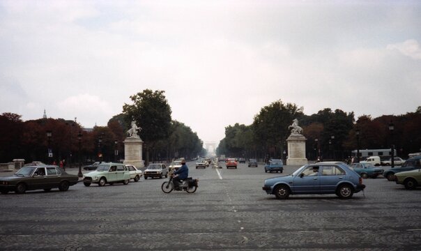 Vintage photo of Place de la Concorde and Champs-Elysees in Paris, France - September 1982