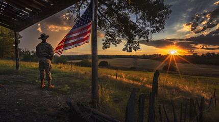 powerful image of a soldier standing at attention under the American flag, with the sun setting over a tranquil field in the background - Powered by Adobe
