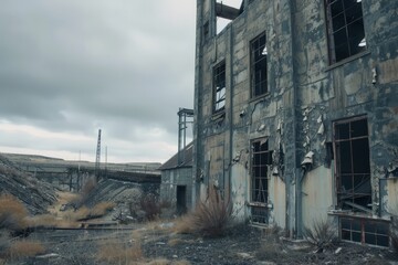 A derelict mining warehouse, its windows broken and its doors hanging askew, a silent sentinel overlooking the abandoned site, Generative AI