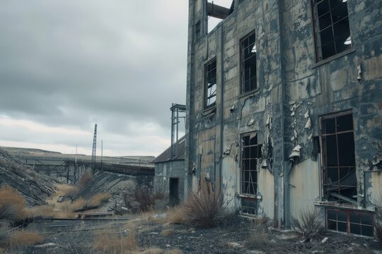 A derelict mining warehouse, its windows broken and its doors hanging askew, a silent sentinel overlooking the abandoned site, Generative AI