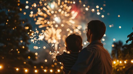 A family gazing in awe at an exploding firework display against a night sky, wonder, tradition, independence, backyard, sparklers, fireworks, AI Generative