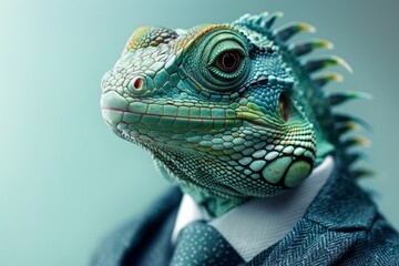 A Lizardin a sharp business suit, poised and dignified, isolated against a stark white background, AI Generative