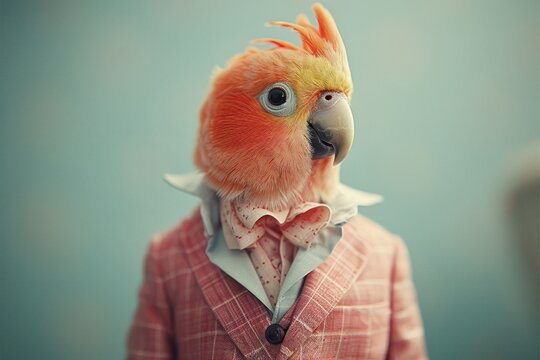 A Conure in a tailored business suit, standing against a soft pastel background, AI Generative