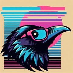 Synthwave Sorcery: A Whimsical Crow in Glasses - Playful Pastel Vector Illustration with Post-Impressionist Style for Trendy T-Shirt Art. Generative AI
