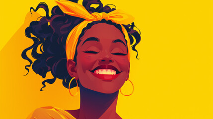 A woman with a yellow bandana on her head is smiling