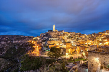 Matera in southern Italy with the Gravina at night