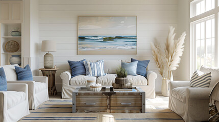 A coastal themed living room with a white sofa, patterned cushions, wooden coffee table, artwork, rug, and decor items on shelves, bathed in natural light from a window